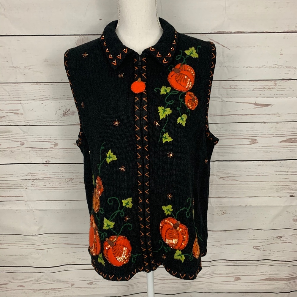 Womens Full Zip Embroidered Pumpkin Vest - XL